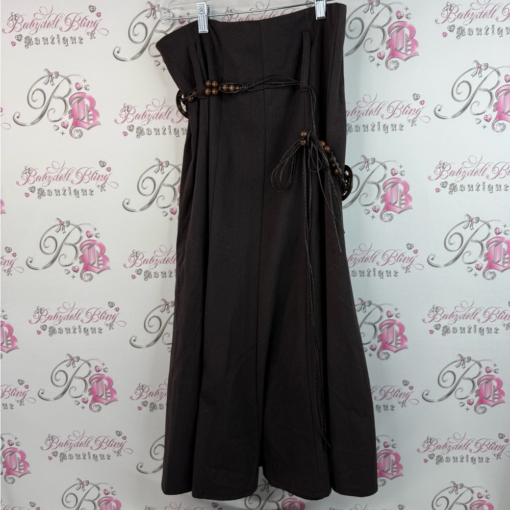 Vamp skirt belted wooden belt maxi long Elegant Brown Skirt with Decorative Belt - Picture 2 of 11